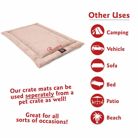 The Villa Crate Mat - Personalized by Majestic Pet is shown in beige with Rosie on it. This versatile, machine washable pet mattress fits crates, camping, cars, sofas, beds, patios, and the beach—use it anywhere your pet needs comfort.