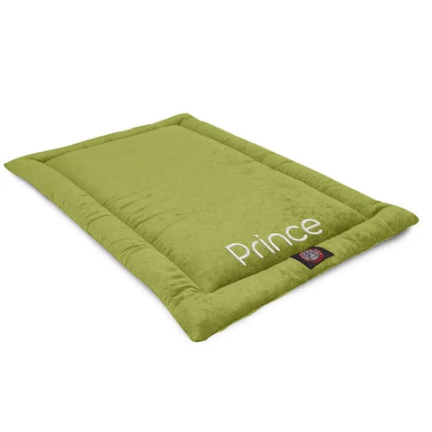 The Villa Crate Mat - Personalized by Majestic Pet is a green, rectangular polyester dog bed with soft plush texture, Prince embroidered in white, and a branded side tag. Ideal as a crate mat or machine washable pet mattress.