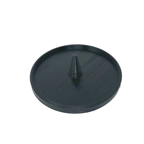 The Chatelet Manufacturing Pet Toy Freezer Holder Stand, a black, round disc with a central conical spike for Kong dog toys, is shown on a plain white background.
