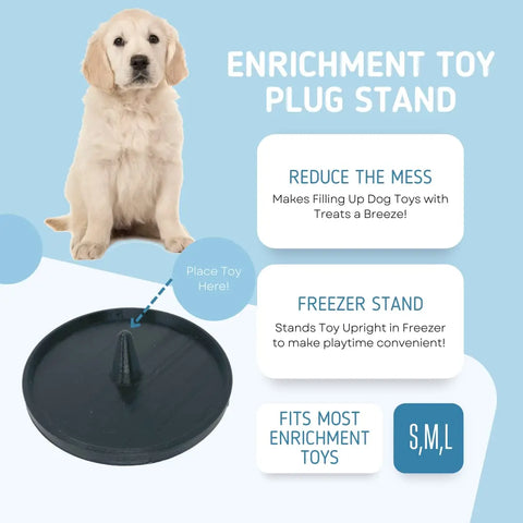 A golden retriever puppy sits next to the Chatelet Manufacturing Pet Toy Freezer Holder Stand, compatible with Kong dog toys. This USA-made accessory reduces mess, holds freezer toys, and fits most S, M, L dog toy sizes.