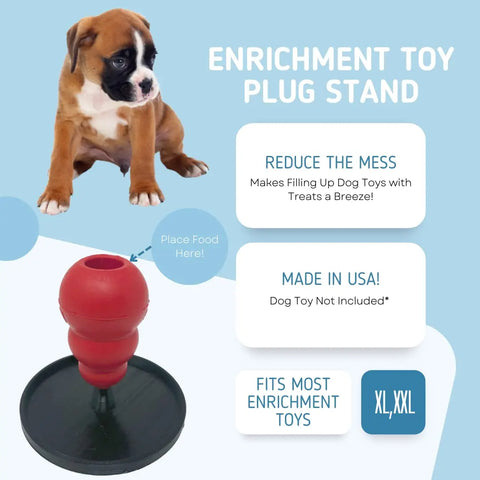 A brown and white puppy sits beside the Chatelet Manufacturing Pet Toy Freezer Holder Stand, an enrichment prep stopper accessory made in the USA. It fits most XL/XXL Kong dog toys, reduces mess. Dog toy and freezer dog toy not included.