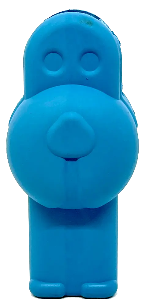 The SodaPup Petz Rubber Yak Chew Holder is a blue, cartoon-style dog figurine made from natural rubber, featuring a round nose with simple eyes, nose, and feet visible from the front.