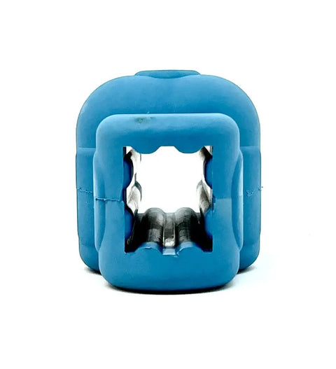 Front view of the SodaPup Petz Yak Chew Holder EDispenser, a blue, square-shaped plastic accessory with a hollow center and jagged metal interior, isolated on white.