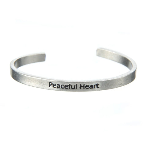 Pewter Inspirational Cuff Bracelet – Peaceful Heart Quote | Recycled Material | Made in USA Whitney Howard Designs  Cuff Bracelets