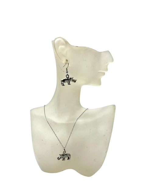 Pewter Rhinoceros Jewelry Set – 18 Inch Necklace with Extender and Earrings | Handmade Made in USA Gift Michelle Marie Boutique  Jewelry Set