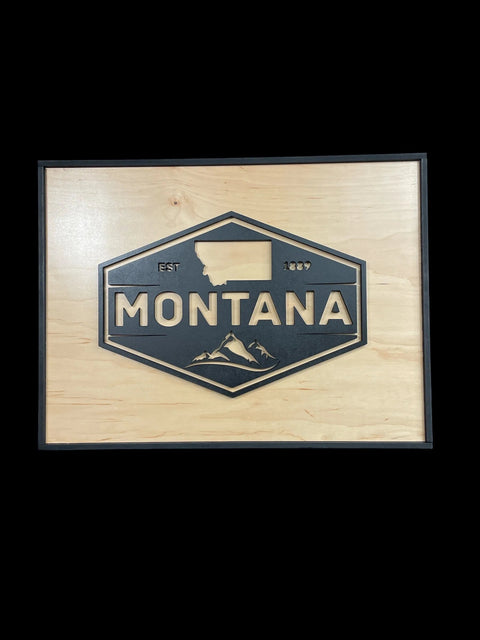 Montana Emblem Wall Sign – 16 Inch Black Frame Birch Wood | Custom Home Decor | Made in USA B. James Design & Woodwork 
