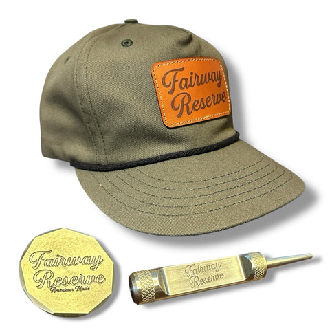 Limited Edition Golf Launch Set – Leather Patch Hat & Brass Ball Marker | Made in USA Fairway Reserve 