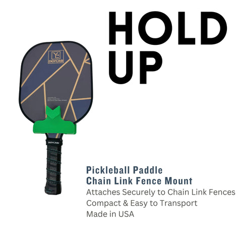 The Chatelet Manufacturing Pickleball Paddle Chain Link Fence Holder securely mounts your paddle upright on the court, features a compact design for easy transport, and is proudly made in the USA.
