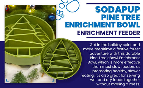 The SodaPup Pine Tree Design EBowl Enrichment Slow Feeder Bowl for Dogs, shown with holiday decor, features a tree-shaped maze to encourage slower eating and dog enrichment. Ideal for wet or dry food.