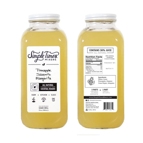 Two bottles of Simple Times Mixers Pineapple Jalapeno Margarita are shown, front and back. The front label highlights flavor and natural ingredients; the back shows nutrition facts, ingredients, and juice content.