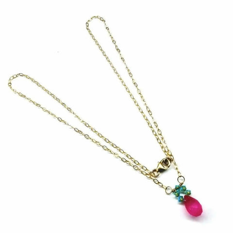 Pink Chalcedony Drop Necklace with Turquoise Crystals – 14K Gold Filled Chain | Made in USA Alexa Martha Designs  Necklace