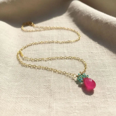 Pink Chalcedony Drop Necklace with Turquoise Crystals – 14K Gold Filled Chain | Made in USA Alexa Martha Designs  Necklace
