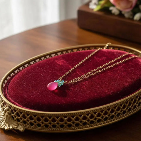 Pink Chalcedony Drop Necklace with Turquoise Crystals – 14K Gold Filled Chain | Made in USA Alexa Martha Designs  Necklace