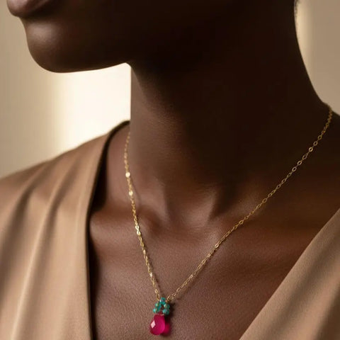 Pink Chalcedony Drop Necklace with Turquoise Crystals – 14K Gold Filled Chain | Made in USA Alexa Martha Designs  Necklace