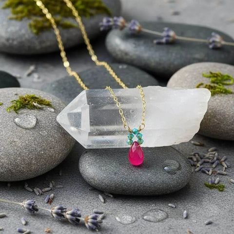 Pink Chalcedony Drop Necklace with Turquoise Crystals – 14K Gold Filled Chain | Made in USA Alexa Martha Designs  Necklace