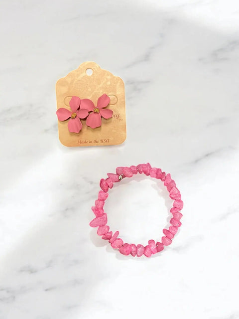 Pink Crystal Wrap Bracelet And Dogwood Flower Earrings Set – Handmade Spring Jewelry | Made In USA Michelle Marie Boutique  Bracelet Set