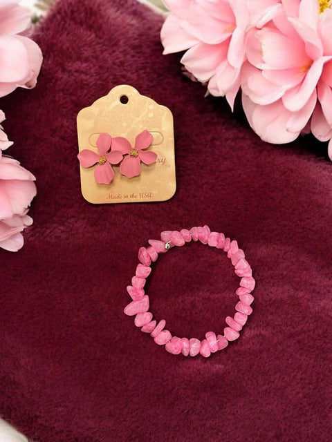 Pink Crystal Wrap Bracelet And Dogwood Flower Earrings Set – Handmade Spring Jewelry | Made In USA Michelle Marie Boutique  Bracelet Set