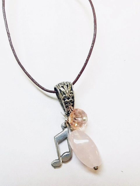 Pink Rose Quartz Necklace With Music Note Charm – Adjustable Leather Cord | Made in USA Michelle Marie Boutique  Necklace