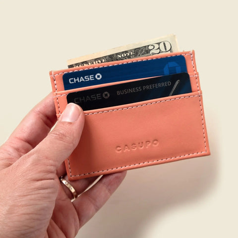 Pink Slim Leather Card Holder Wallet 4x3 Inch RFID Protection | Handmade in USA CASUPO  Slim Card Holder
