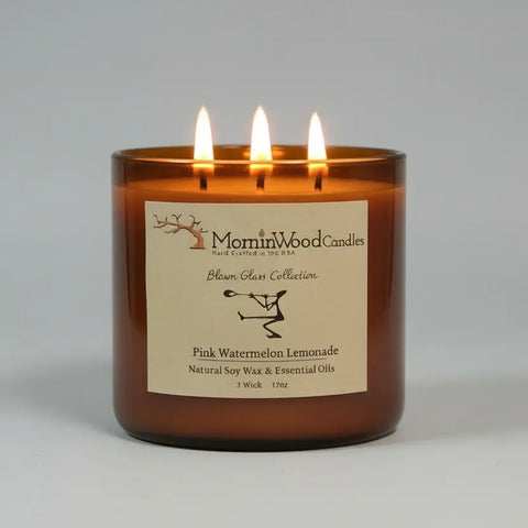 Pink Watermelon Lemonade Soy Candle 17 oz – 3 Wick Blown Glass Jar | Handcrafted Home Fragrance Made in USA MorninWood Candles  3 Wick Candle