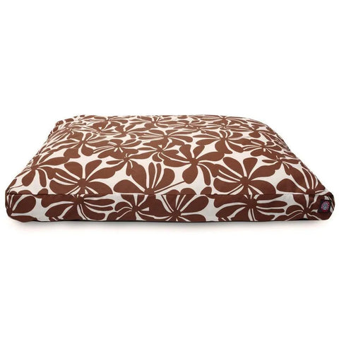 The Majestic Pet Plantation Rectangle Dog Bed features a brown and white floral cover and premium polyester fill, displayed against a white background.