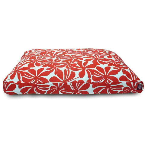 The Majestic Pet Plantation Rectangle Dog Bed has a white base with a bold red floral pattern, shown from the front at a low angle. It features a washable cover for easy cleaning.