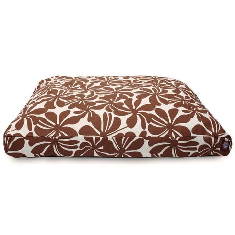 The Majestic Pet Plantation Memory Foam Dog Bed features a rectangular shape, brown and white floral fabric cover, and shredded memory foam for comfort, shown against a white background.