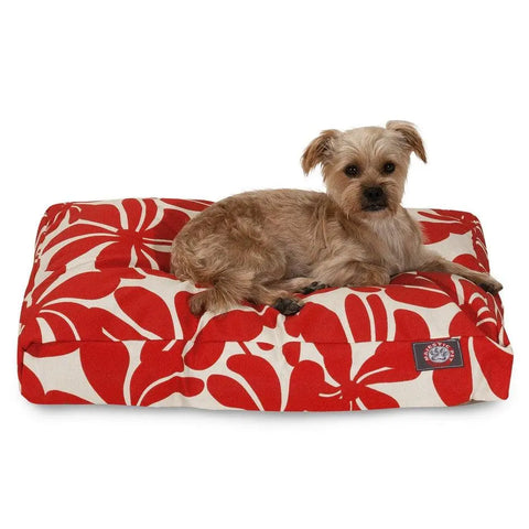 A small tan dog relaxes on the Majestic Pet Plantation Memory Foam Dog Bed, a rectangular white bed with bold red floral patterns and a removable cover. The dog is lying down and facing forward.