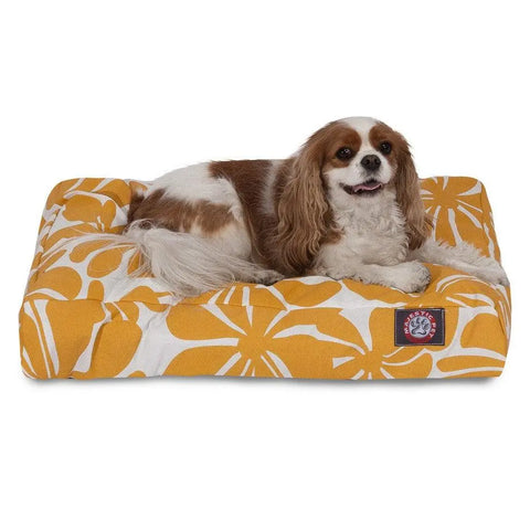 A Cavalier King Charles Spaniel rests on the Majestic Pet Plantation Memory Foam Dog Bed, featuring a yellow rectangular design with a white floral pattern and a removable cover. The dog appears relaxed and content.