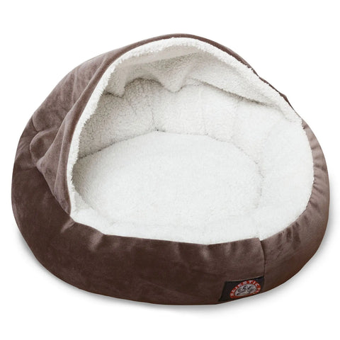 The Majestic Pet Suede Canopy Cat Bed is a cozy, dome-shaped faux suede bed in brown and white with a fleece-lined interior and a raised, partially covered edge.