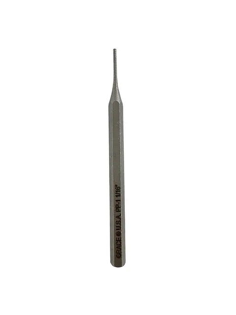 The Grace USA PS-7 Individual Punch features a cylindrical handle and narrow, pointed tip, shown vertically on a white background with engraved text. This quality steel punch is American-made and part of the Grace USA lineup.