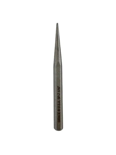 The Grace USA PS-7 Individual Punch stands upright on a white background, featuring a pointed tip, hexagonal body, and engraved text—reflecting the precision and quality of American-made hardware punches.