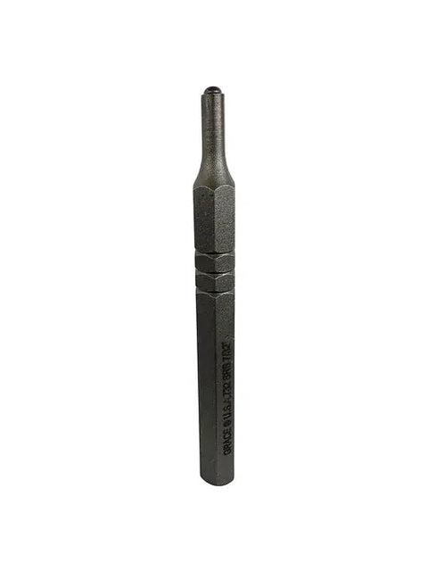 The Grace USA SRS-7 Individual Punch features a round tip and hexagonal grip. This quality American-made metal center punch stands upright against a plain white background.