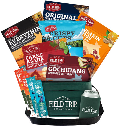 The Field Trip Gift Cooler by Field Trip features an assortment of beef jerky, crispy cuts, snack sticks, plus a reusable cooler bag and can holder—ideal for the ultimate beef jerky gift or gift box—displayed on a white background.