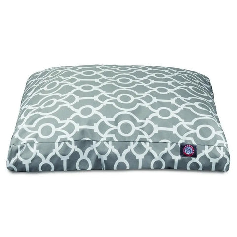 The Majestic Pet Athens Rectangle Dog Bed features a gray cover with a white geometric circle and line pattern, plus a small blue and red tag on the lower right corner, and is washable—perfect for your dog.