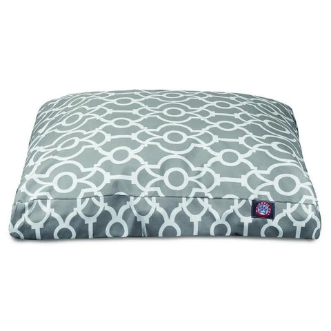 The Majestic Pet Athens Rectangle Dog Bed features a gray cover with white geometric circles and lines, a small blue and red logo tag, and a removable cover for easy cleaning.