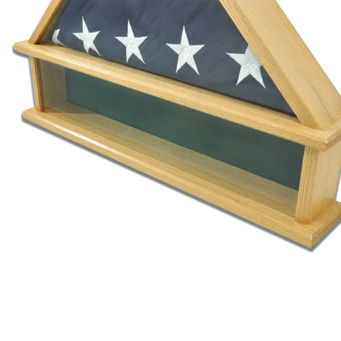The Presidential Burial Flag Shadow Box by Legacies of America Woodworking Company displays a folded American flag with visible white stars in an oak case with real glass front. Proudly made in the USA.