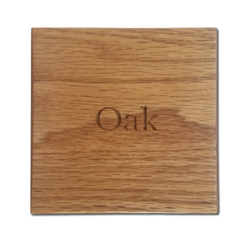 An oak square sample featuring a natural oak grain and Oak engraved at the center. Made in the USA by Legacies of America Woodworking Company, as used in The Presidential Burial Flag Shadow Box.