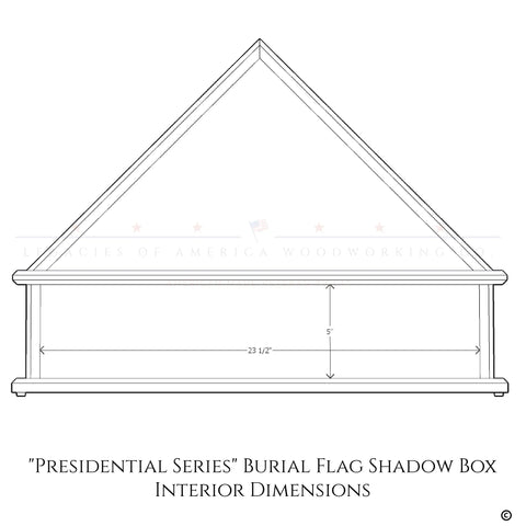 Line drawing of The Presidential Burial Flag Shadow Box by Legacies of America Woodworking Company, crafted from real oak with interior dimensions 23.5” wide x 5” tall. Text: Made in the USA.