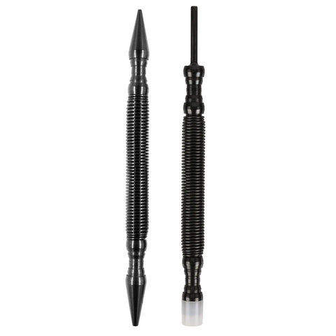 The Pro Combo Kit (Nylon) by Hammerless Tools LLC features two black metal tools with ribbed grips: one is a double-ended nail setter, and the other is a door hinge pin punch with a pointed tip and white-capped flat edge.