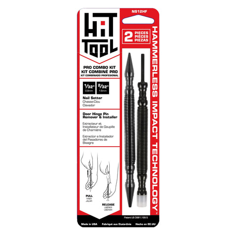 The Hammerless Tools LLC Pro Combo Kit (Nylon) retail package features a nail setter and door hinge pin punch, highlights Hammerless Impact Technology, and includes English and Spanish product details.