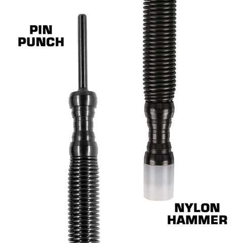 Close-up of two black metal tools from the Pro Combo Kit (Nylon) by Hammerless Tools LLC on a white background. The left tool is a door hinge pin punch; the right is a nylon hammer with a white tip.
