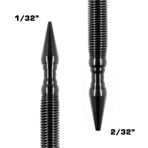 Two black, metal dart tips from the Hammerless Tools LLC Pro Combo Kit (Nylon) are shown upright. The left, labeled 1/32”, is slimmer and nail-setter shaped; the right, labeled 2/32”, is slightly thicker with grooved barrels.