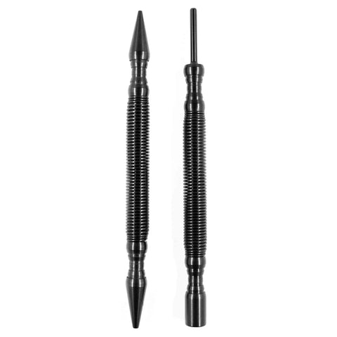 Two black metal double-ended tools with textured grips from Hammerless Tools LLCs Pro Combo Kit (Steel): one has pointed tips on both ends, the other has a pointed tip and a flat, cylindrical end.