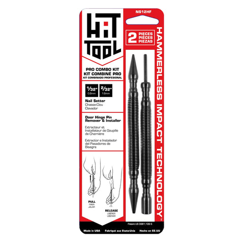The Pro Combo Kit (Steel) by Hammerless Tools LLC comes in packaging and features a black double-ended tool with red accents, Hammerless Impact Technology, is made in the USA, and includes both English and Spanish descriptions.