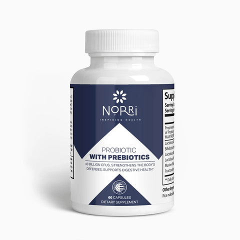 A white bottle labeled Norri Nutrition Probiotic 40 Billion CFUs With Prebiotics contains 60 capsules. The blue and white label highlights digestive health support and dietary supplement details.