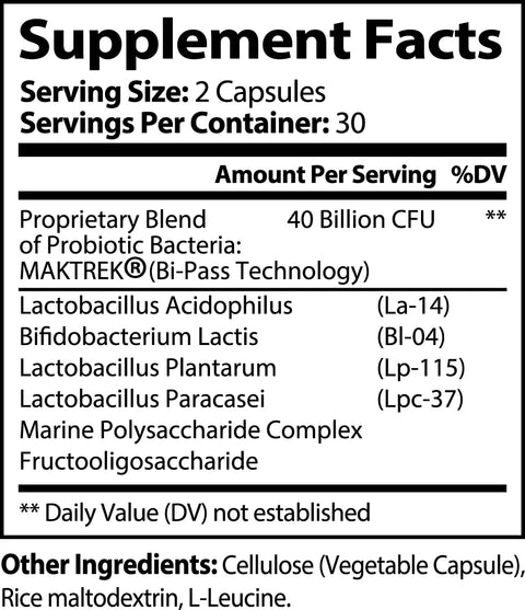 Black and white supplement facts label for Norri Nutrition Probiotic 40 Billion CFUs With Prebiotics. Serving: 2 capsules; 30 servings per container. Contains probiotic strains, prebiotics, marine polysaccharide complex; daily value not established.