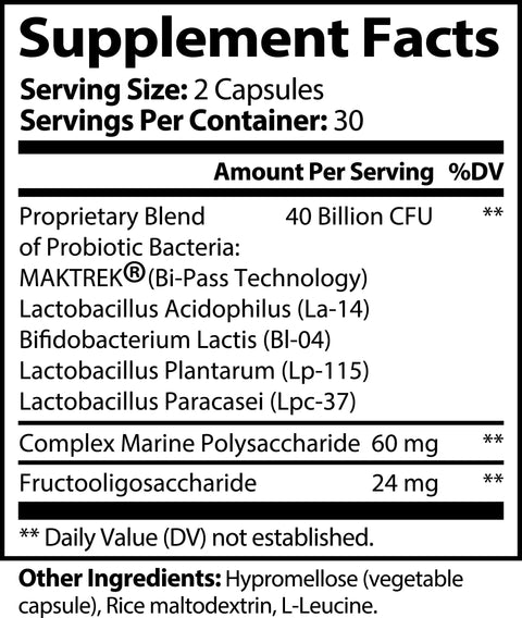 The Supplement Facts label for Norri Nutrition Probiotic 40 Billion CFUs With Prebiotics lists a serving size of 2 capsules, 30 servings per container, a 40 billion CFU probiotic blend, plus prebiotics: marine polysaccharide (60 mg) and fructooligosaccharide (24 mg).