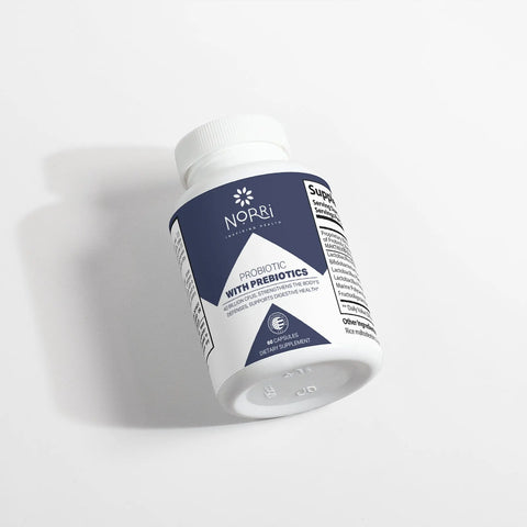 A white bottle of Norri Nutrition Probiotic 40 Billion CFUs With Prebiotics lies on its side against a plain background. Its dark blue and white label highlights digestive health support, and the cap is closed.
