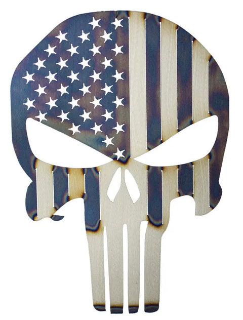 Punisher Skull American Flag Wall Art – Distressed Metal Decor | Veteran Made in USA Knights Home Decor  item